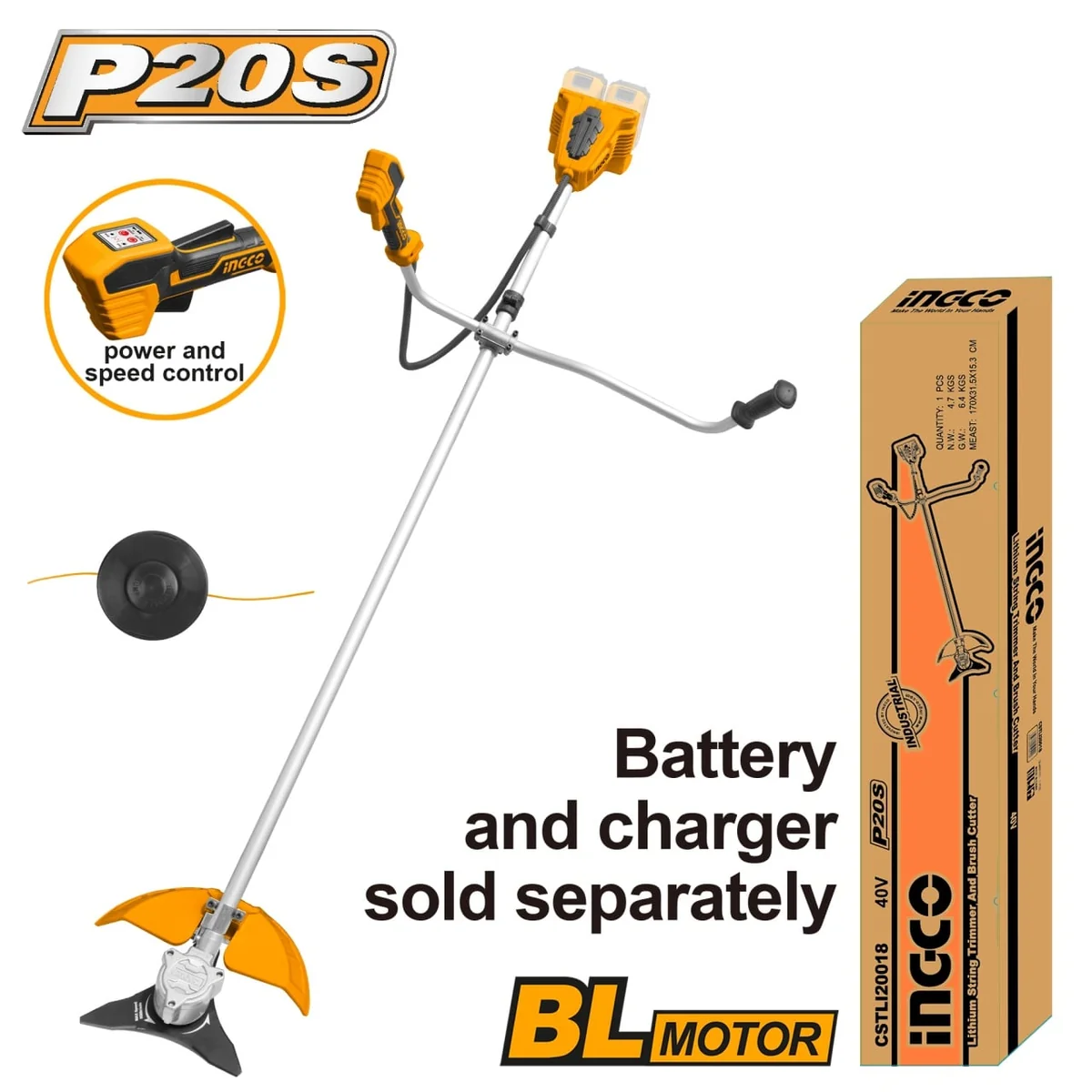 Motocoasa Trimmer Electric 40V Brushless, 7500rpm, Fara Acumulator INGCO CSTLI20018