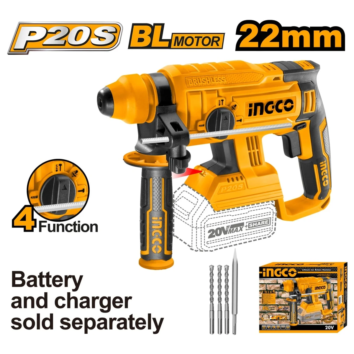 Ciocan Rotopercutor Industrial 20V Brushless, 1.5J, 4700bpm Fără Acumulator Ingco CRHLI2201