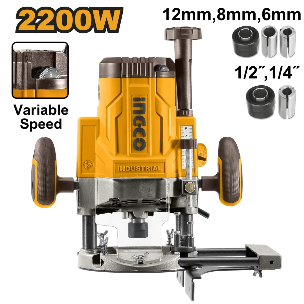 Mașina De Frezat Verticală Oberfreza 2200W, Turație Variabilă, 6/8/12mm, 22000rpm, Ingco RT22008