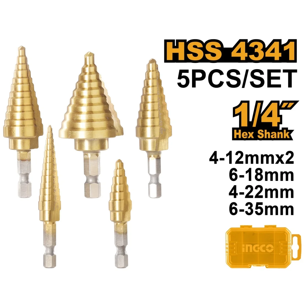 Set Trusă Burghie Conice În Trepte 5 Buc 4-35 Mm, Ingco AKSDS2051