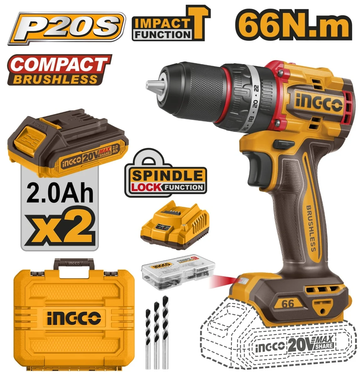 Mașină De Gaurit/Bormasina 20V Cu Impact 66Nm Cu 2 Acumulator, 30000Bpm, Fără Perii, Ingco CIDLI20668E