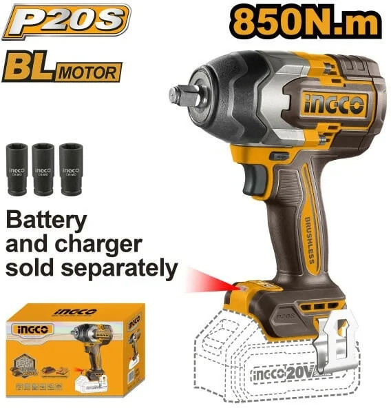 Masina De Insurubat Pistol Cu Impact 850Nm, 1/2'', 2200Bpm, 20V, Brushless Fara Acumulator Ingco CIWLI20851