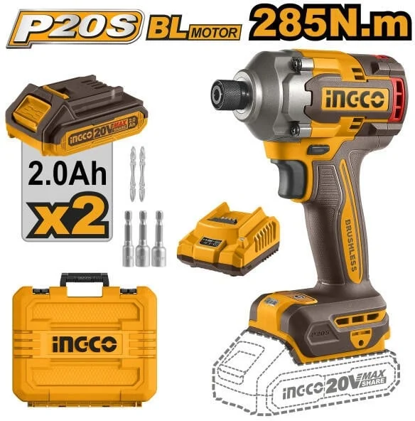 Mașină De Înșurubat Cheie Cu Impact 285 Nm, 1/4, 20 V Cu 2 Acumulatori 2900 BPM, Brushless INGCO CIRLI2028E