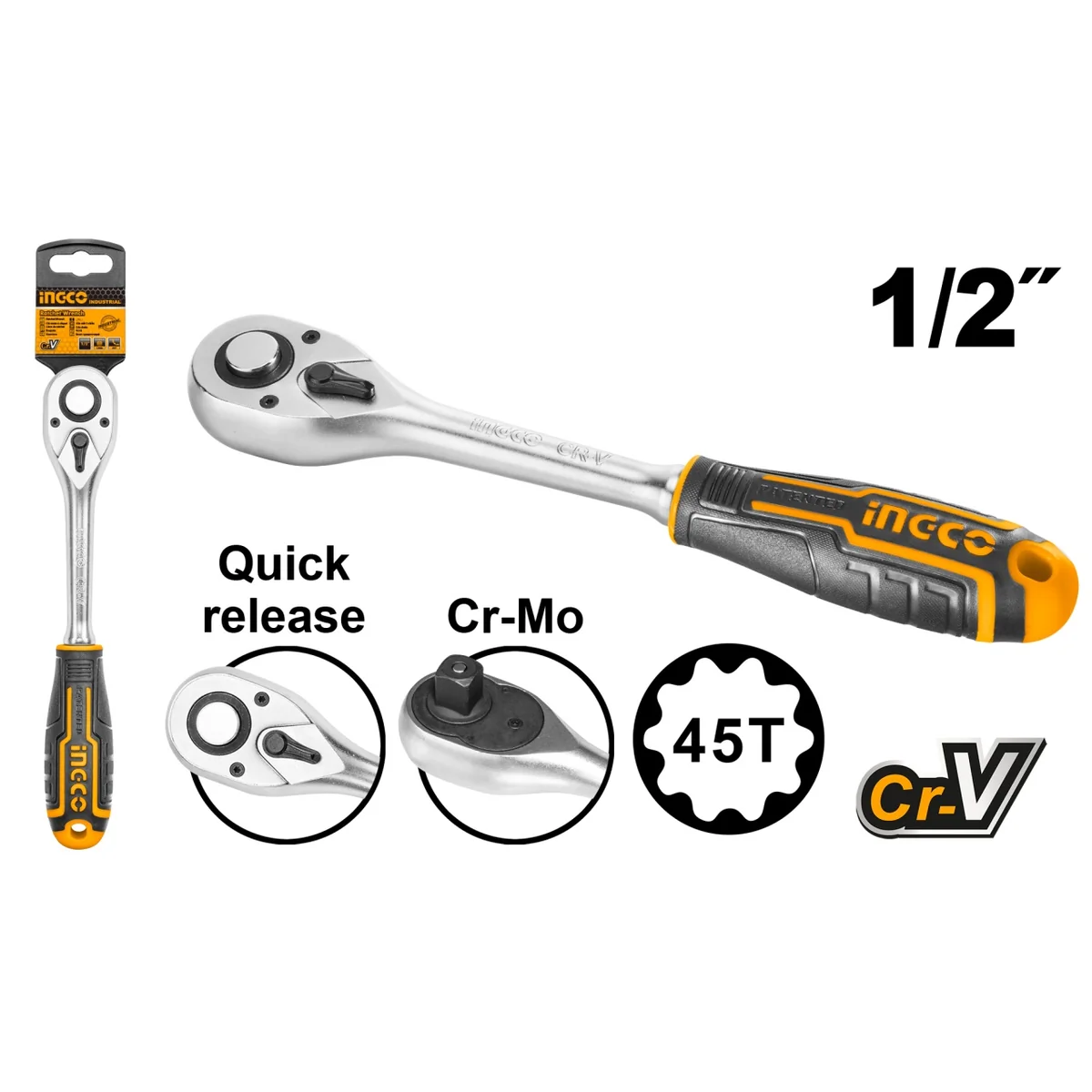 Cheie Cu Clichet Tubulară 1/2 45 Dinti, Cr-V, Industrial, Ingco HRTH0812
