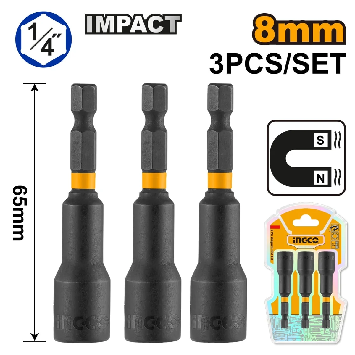 Cheie Bit Magnetica Tubulara 1/4, 7mm, Set 3 Bucati Ingco AMN0731
