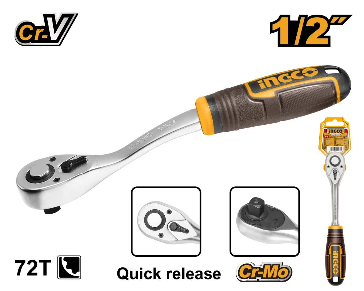 Cheie Cu Clichet Tubulară 1/2, 72T, 260mm, Cr-V Industrial, Mâner PVC INGCO HRTH8412