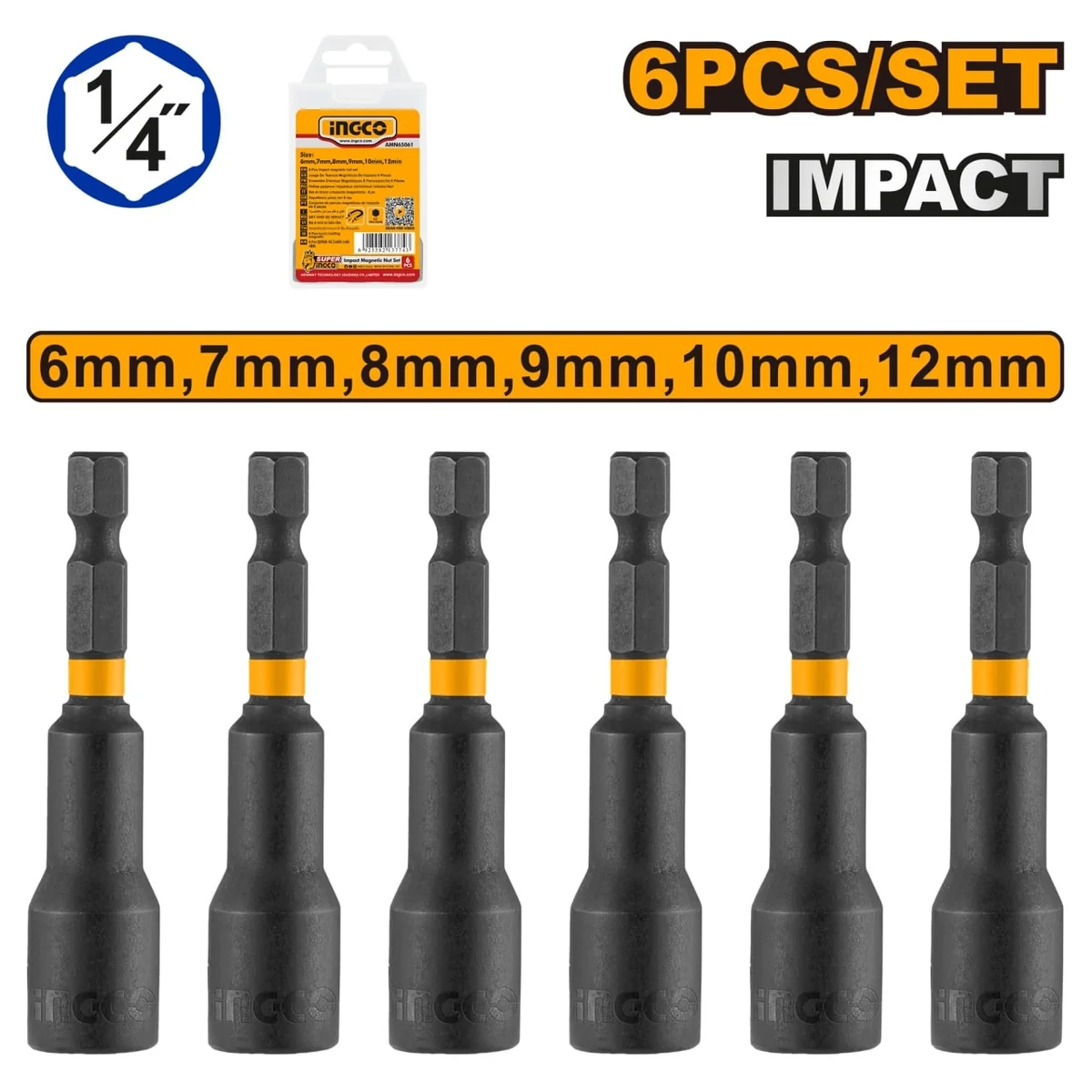 Cheie Bit Magnetică 6-12mm Tubulară Hex 1/4 Set de 6 Bucăți Ingco AMN65061