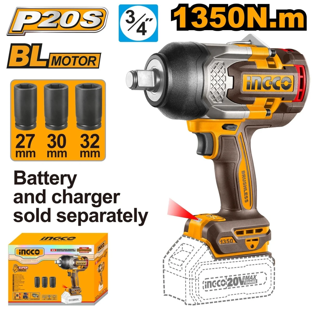 Mașină de Înșurubat Pistol Cu Impact 1900 Nm, 2200 Rpm, 20V, Fără Acumulator P20S, Ingco CIWLI201351
