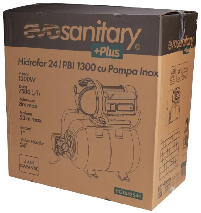 Hidrofor 24l, 1300W, 5.3 Bar, Pompa Inox, 5 Ani Garantie Evosanitary Plus 682544