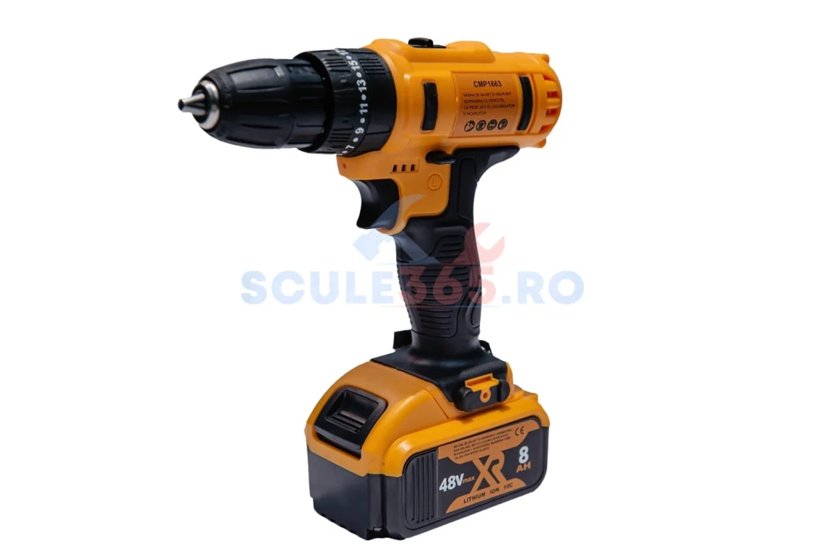 Masina De Gaurit Si Insurubat Cu Percutie 120 Piese, 48V, 2 Acumulatori, Trusa, Incarcator Inclus, Bormasina Autofiletanta 8Ah, 1300Rpm, Campion CMP1663