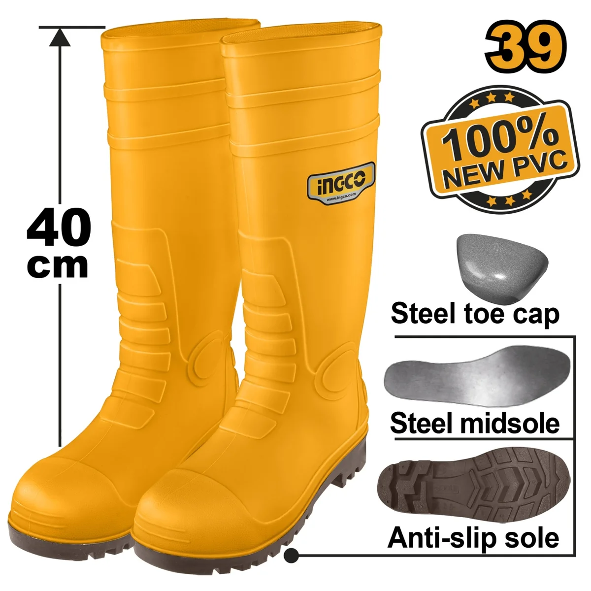 Cizme Cauciuc Galbene Cu Varf Talpa Metalica 39 INGCO SSH092S1P.39