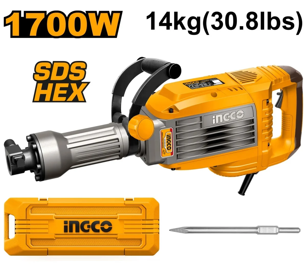 Ciocan Demolator Picamer 1700W, 50J, 1900BPM, 14kg, SDS-HEX Ingco PDB170068