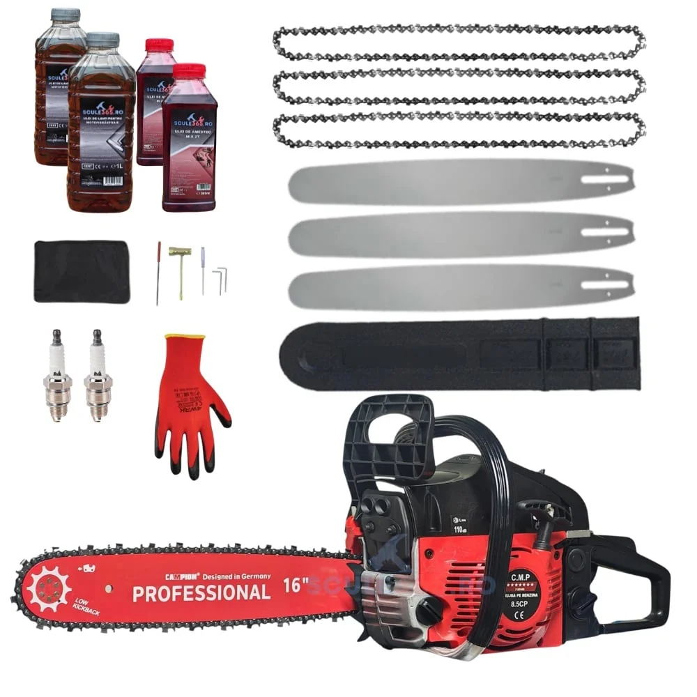 Super Pachet 8.5Cp Drujba Benzina + 3 Lanțuri + 3 Lame + X2 Ulei Ungere Lanț 1L + X2 Ulei Amestec 0.5L + X2 Bujii + Accesorii + Mănuși Protecție, Motoyama Japan
