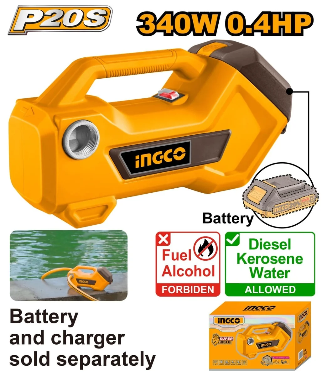 Pompa De Transfer Lichide 20V, 0.4HP, 48 L/Min, Conexiune 3/4", Fara Acumulator, P20S INGCO TPLI2001