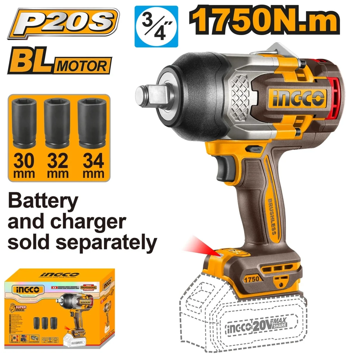 Filetanta Cheie Cu Impact 20V 3/4" 1750Nm Brushless, Cu 3 Tubulare, Fara Acumulator INGCO CIWLI201751