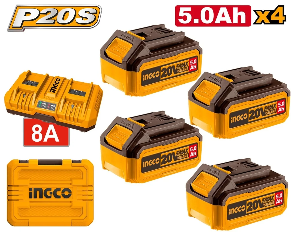 Set Baterii 20V 5.0Ah (4 Buc) Cu Incarcator Dublu 4A+4A Pentru Scule P20S, Acumulator INGCO FBCLI20285