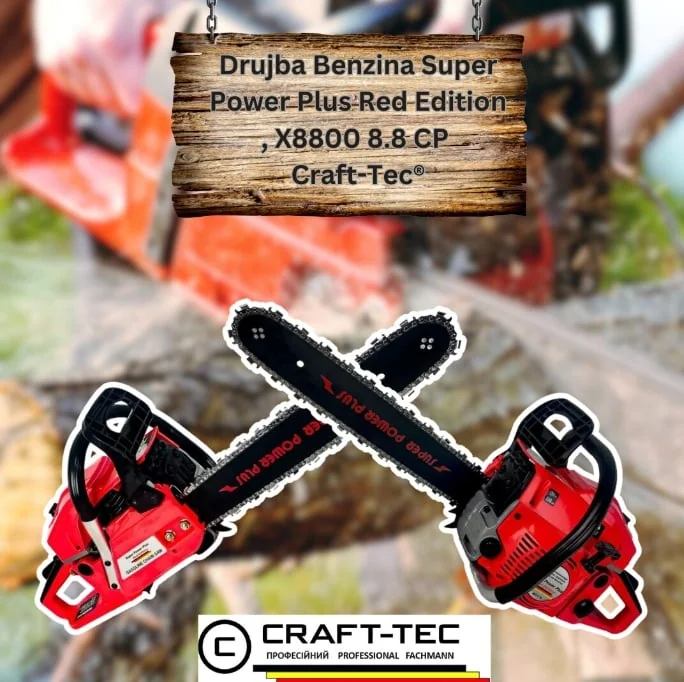 Pachet 8.8CP 58cmc Drujba Benzina + 3 Lanturi + 2 Lame + 2x Ulei Ungere Lant 1L + 2x Ulei Amestec 0.5L + 2x Bujii + Accesorii + Manusi Protectie Craft-Tec Germany, Super Power Plus Red Edition