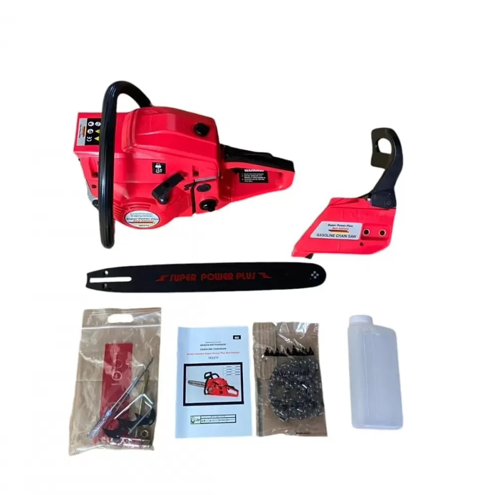 Pachet 8.8CP 58cmc Drujba Benzina + 3 Lanturi + 2 Lame + 2x Ulei Ungere Lant 1L + 2x Ulei Amestec 0.5L + 2x Bujii + Accesorii + Manusi Protectie Craft-Tec Germany, Super Power Plus Red Edition
