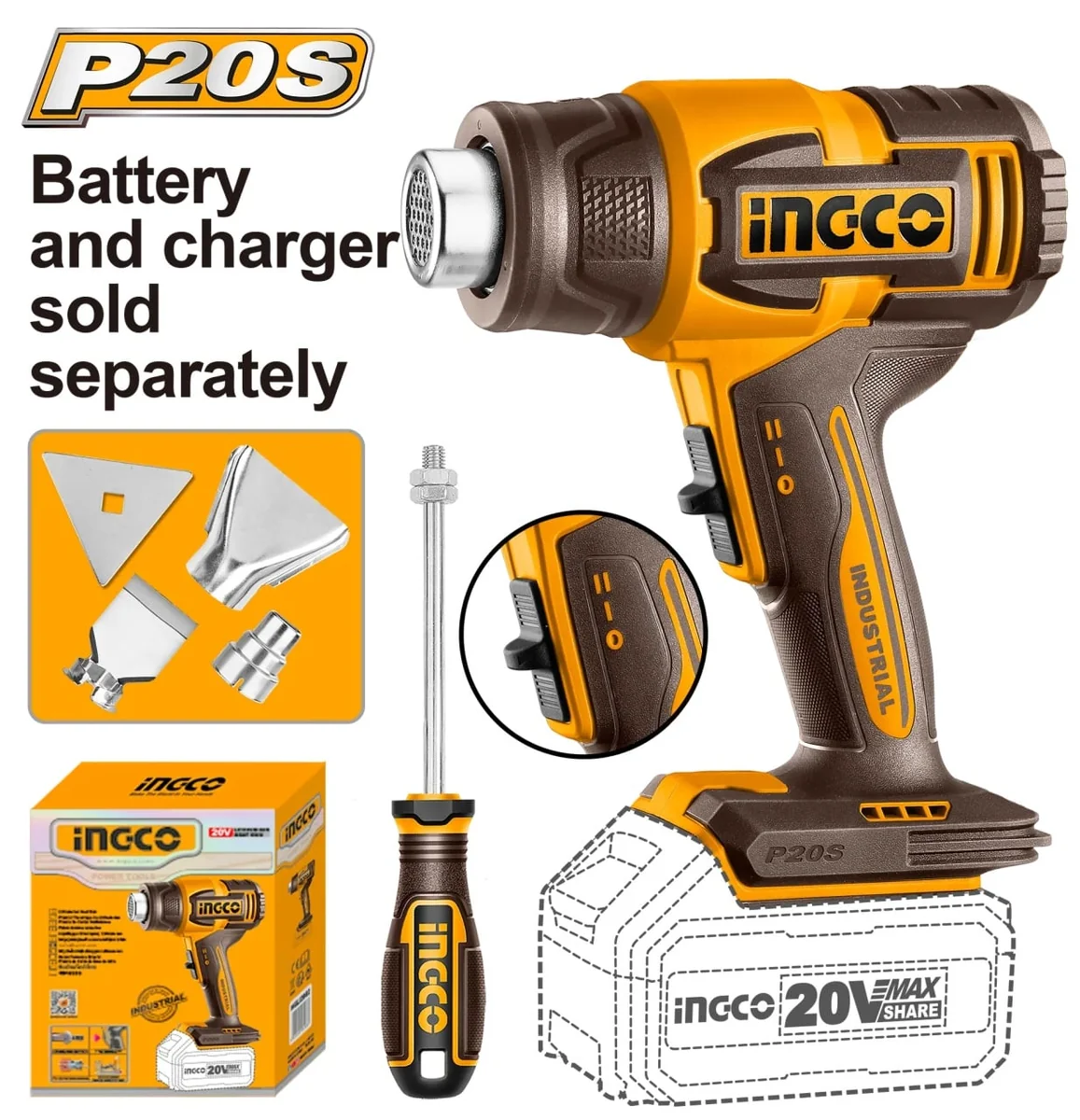 Pistol Cu Aer Cald 20V, 300/550°C, 100/200 L/Min, Cu 4 Accesorii – Fără Acumulator HGLI2006