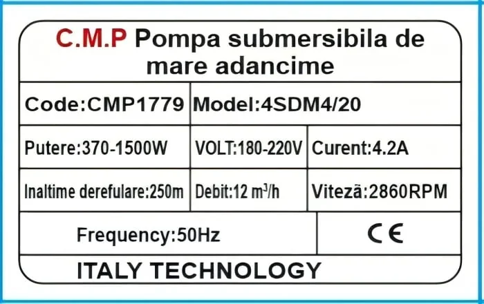 Pompa Submersibila de Mare Adancime Multietajata Campion Aqua Tech 4SDM3/20 CMP1779, 20 Turbine, 1.5 kW, Debit 12 m³/h (12.000 l/h), Inaltime Refulare 250 m, Diametru 4" / 100 mm, Cablu 30 m, Carcasa Inox, Bobinaj Cupru