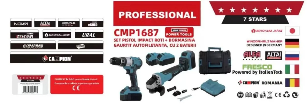 Set Trusa Autofiletanta Cu Percutie Si Flex Polizor Unghiular 125MM, 2 Acumulatori 48V, 8Ah, Valiza Transport Campion Professional CMP1687
