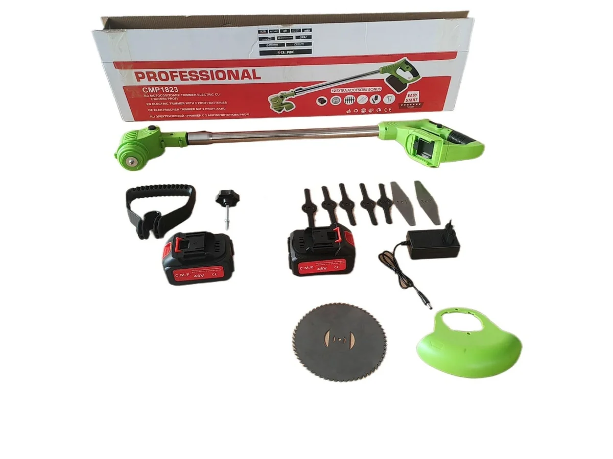 Motocositoare Electrică Cu 2 Acumulatori Și Accesorii CMP1823, Sistem Fără Fir, Motor Electric De Putere, Autonomie Extinsă, Design Ergonomic, Pentru Tuns Iarbă Și Vegetație Ușoară