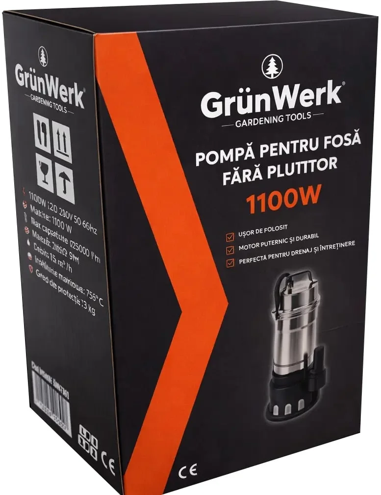 Pompa Apa Murdara Submersibila Inox Fara Plutitor GW GW7517, Putere 1100W (1.1KW), Cablu Alimentare 6.7m, Inaltime 41Cm, Latime 20Cm, Circumferinta 40.5Cm, Carcasa Otel Inoxidabil, Pentru Evacuare Apa Cu Impuritati