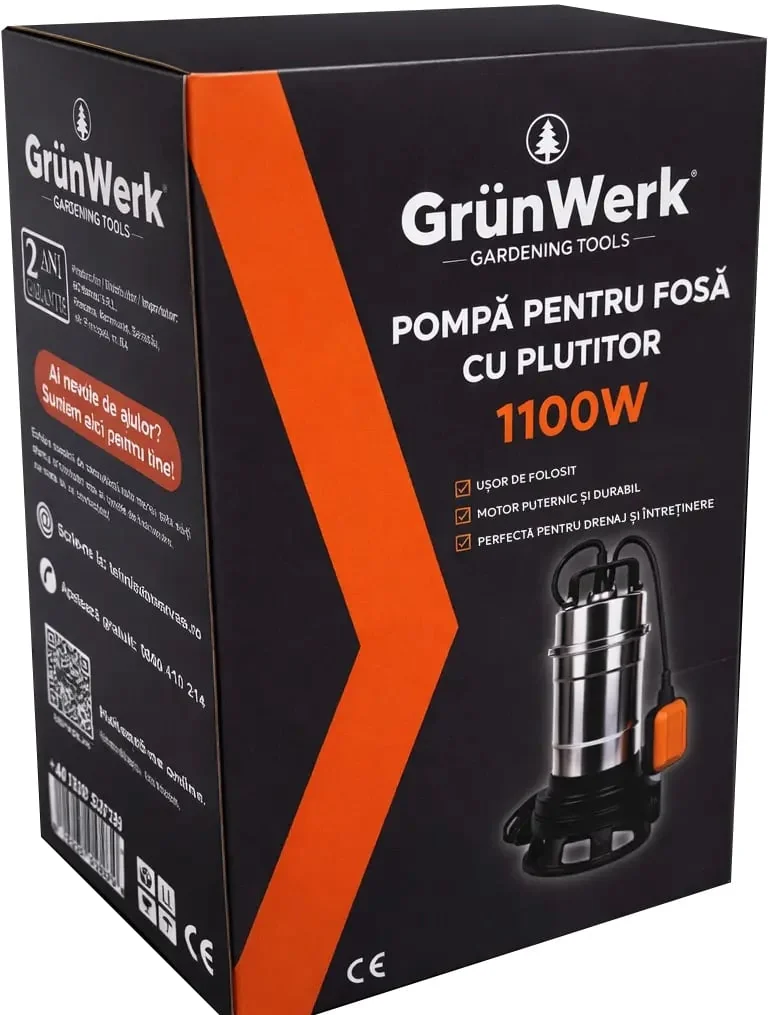 Pompa Submersibila Apa Murdara Inox GrunWERK GW7181, 1.1 kW (1100 W), cu Plutitor Automat, Cablu 6.7 m pentru Drenaj si Evacuare Apa cu Impuritati