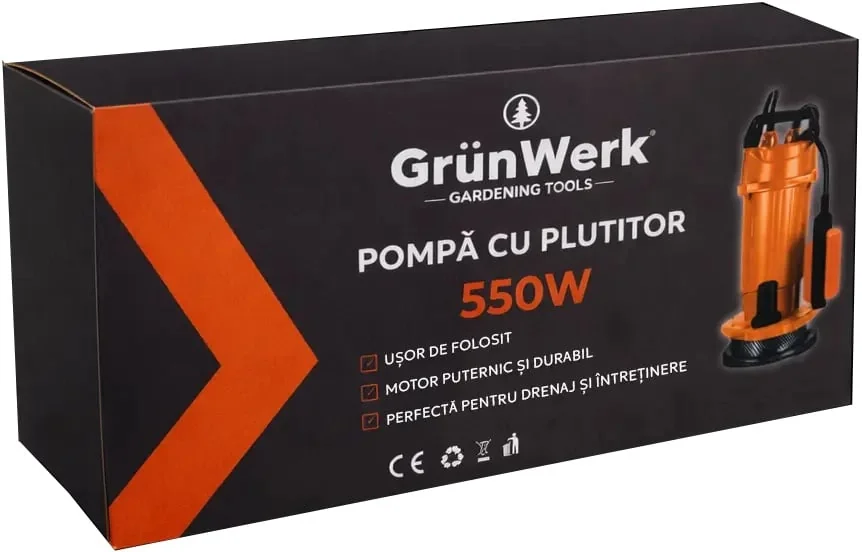 Pompa Submersibilă Apă Curată GrunWERK GW GW7173, 550W, Hmax 20M, Cu Plutitor Automat, Cablu 4M, Pentru Puti și Irigații