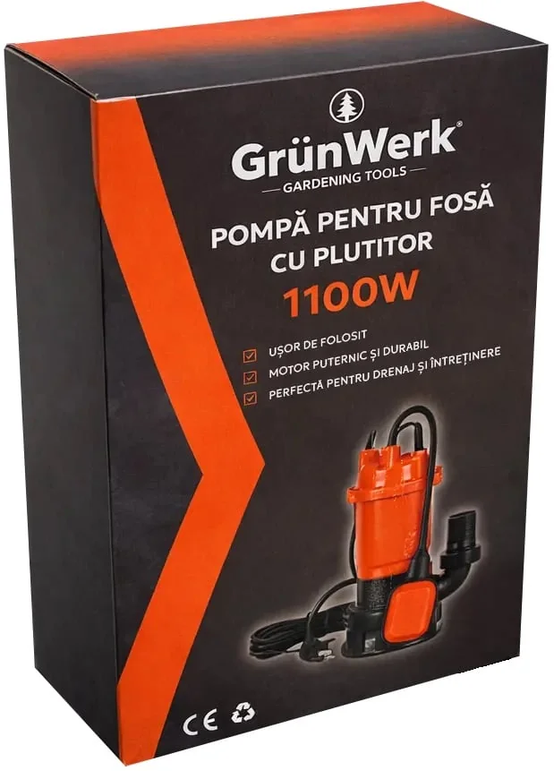 Pompa Submersibila Apa Murdara Din Fonta GW GW7180, 1.1kW (1100W), Cu Plutitor Automat, Cablu 6.7m, Pentru Drenaj Intensiv Si Evacuare Apa Cu Impuritati