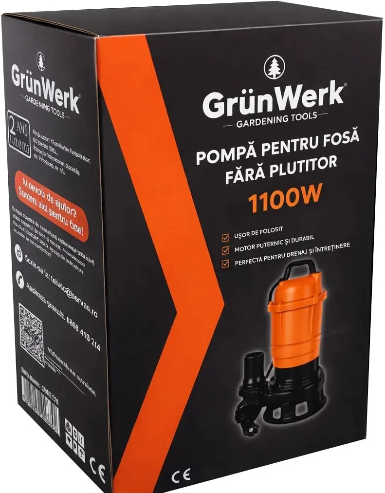 Pompa Apa Murdara Submersibila GrunWERK GW 1.1kW, 1100W, Fara Plutitor, Cablu 6.7m, Pentru Drenaj Si Evacuare Apa Cu Impuritati