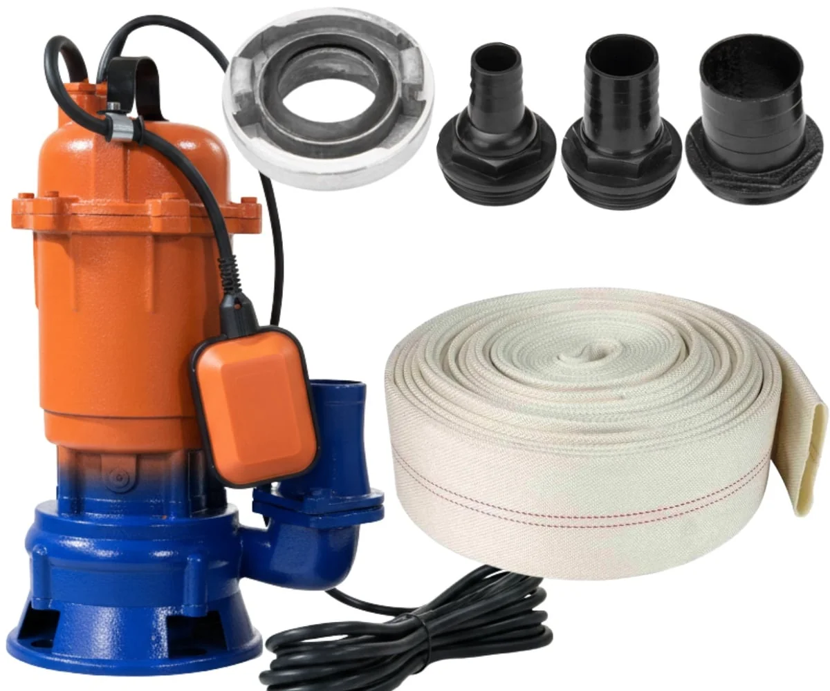 Pachet Pompa Apa 3000W Submersibila Cu Tocator, 25.000 L/H, 2900 Rpm, Plutitor, Racord 2'' ToIi + 3 Conectori Apa Si Furtun Pompieri 20M CMP1427