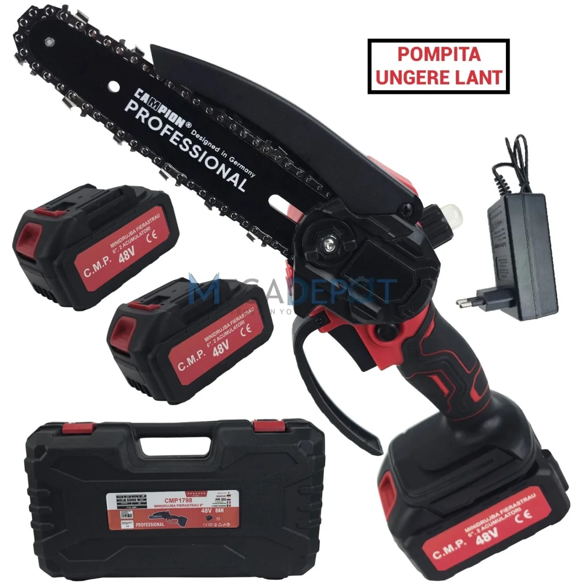Mini Drujba Electrica Cu 2 Acumulatori 48V, 180 Cm, Ungere Lant, Valiza Transport, CAMPION CMP1798
