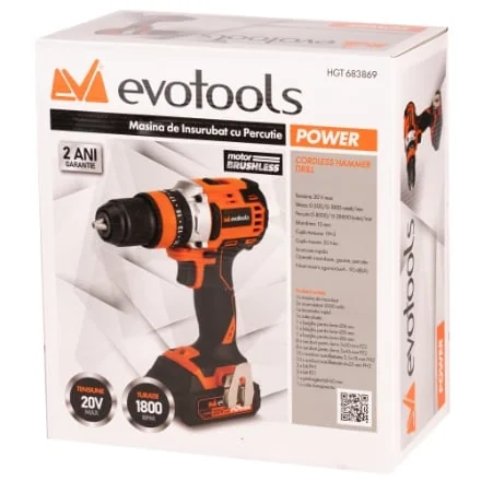 Masina De Insurubat Cu Percutie Brushless Evotools 683869, Kit Max 20V, 2 Acumulatori 2Ah, Incarcator Rapid, Cuplu 50Nm, 2 Viteze, Mandrina Metalica 13mm