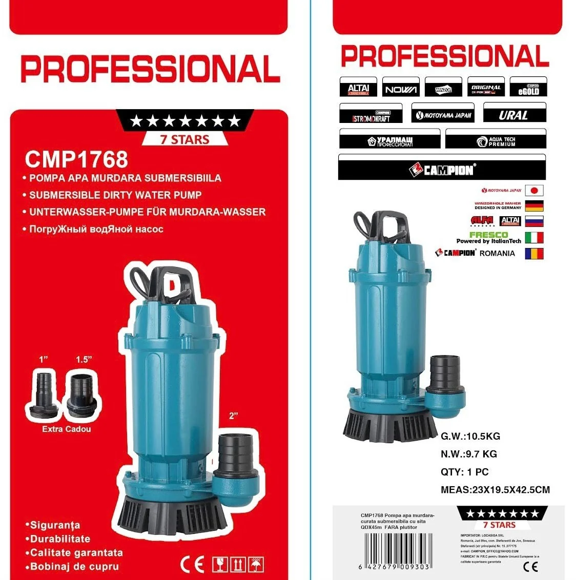 Pompa Submersibila Apa Curata Cmp1768 Qdx30-45-1.5, 1.5Kw, 2Hp, Debit 30 Mc/H, Inaltime Refulare 45m, Iesire 2" / 1.5" / 1", 2860Rpm, 110-220V, Fara Plutitor