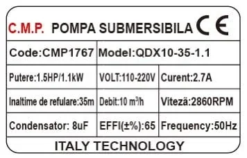 Pompa Submersibilă Apă Curată CMP1767 QDX10-35-1.1, 1.1 kW, 1.5 HP, Debit 10 MC/H, Înălțime Refulare 35 m, Ieșire 2" / 1.5" / 1", 2860 RPM, 110-220V, Fără Plutitor