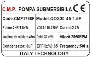 Pompa Submersibila Apa Curata CMP1768F QDX30-45-1.5F, 1.5kW, 2HP, Debit 30 Mc/H, Inaltime Refulare 45m, Iesire 2" / 1.5" / 1", 2860RPM, 110-220V, Cu Plutitor