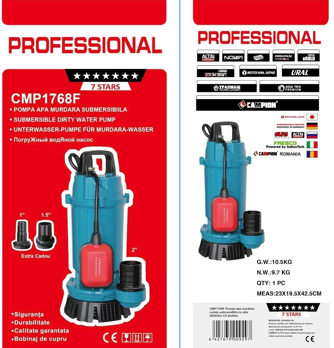 Pompa Submersibila Apa Curata CMP1768F QDX30-45-1.5F, 1.5kW, 2HP, Debit 30 Mc/H, Inaltime Refulare 45m, Iesire 2" / 1.5" / 1", 2860RPM, 110-220V, Cu Plutitor