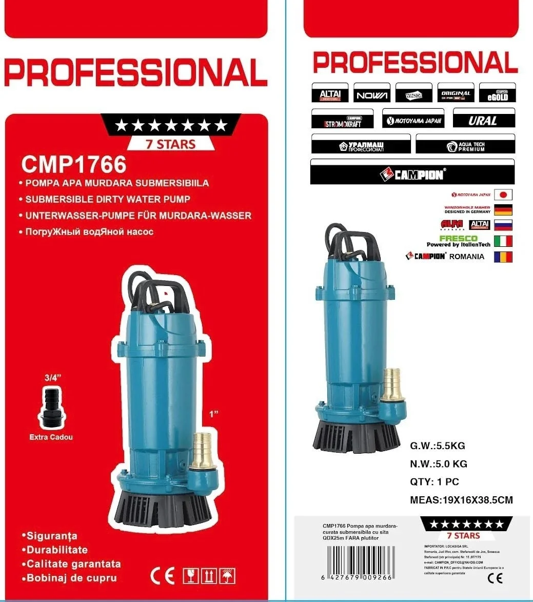 Pompa Submersibila Apa Curata CMP1766 QDX3-25-0.75, 0.75kW, 1HP, Debit 3 Mc/H, Inaltime Refulare 25m, 2860RPM, 110-220V, Fara Plutitor