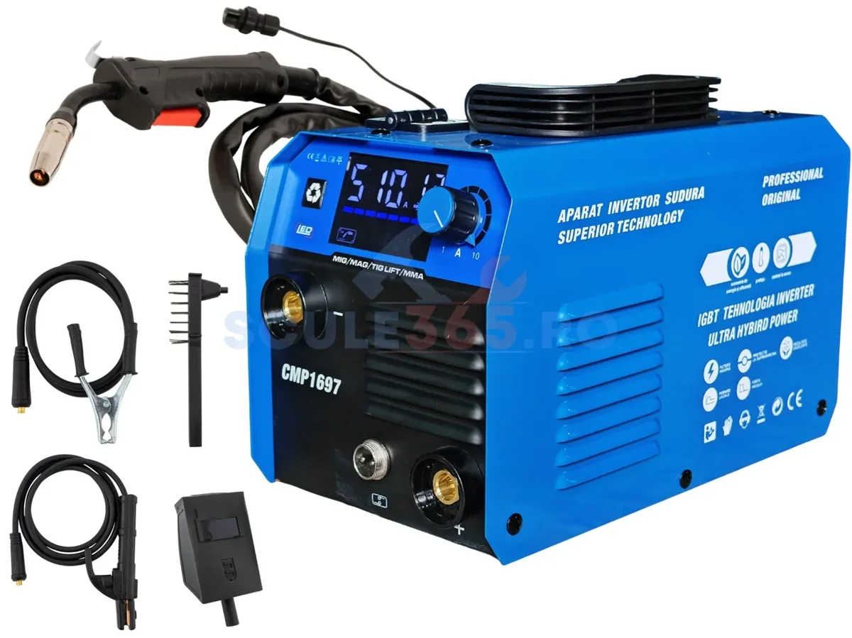 Mega Pachet Aparat De Sudura Tip Invertor Cu Sarma 510A, + X2 Sarma 1.0mm, X2 Electrozi 2.5mm, Ochelari Automati, Magnet MMA/MIG/MAG/TIG CablU Sudura 3M, Afisaj Digital, Ventilat, URALMASH IGBT Tehnology Ultra Hybrid Power, CMP1697