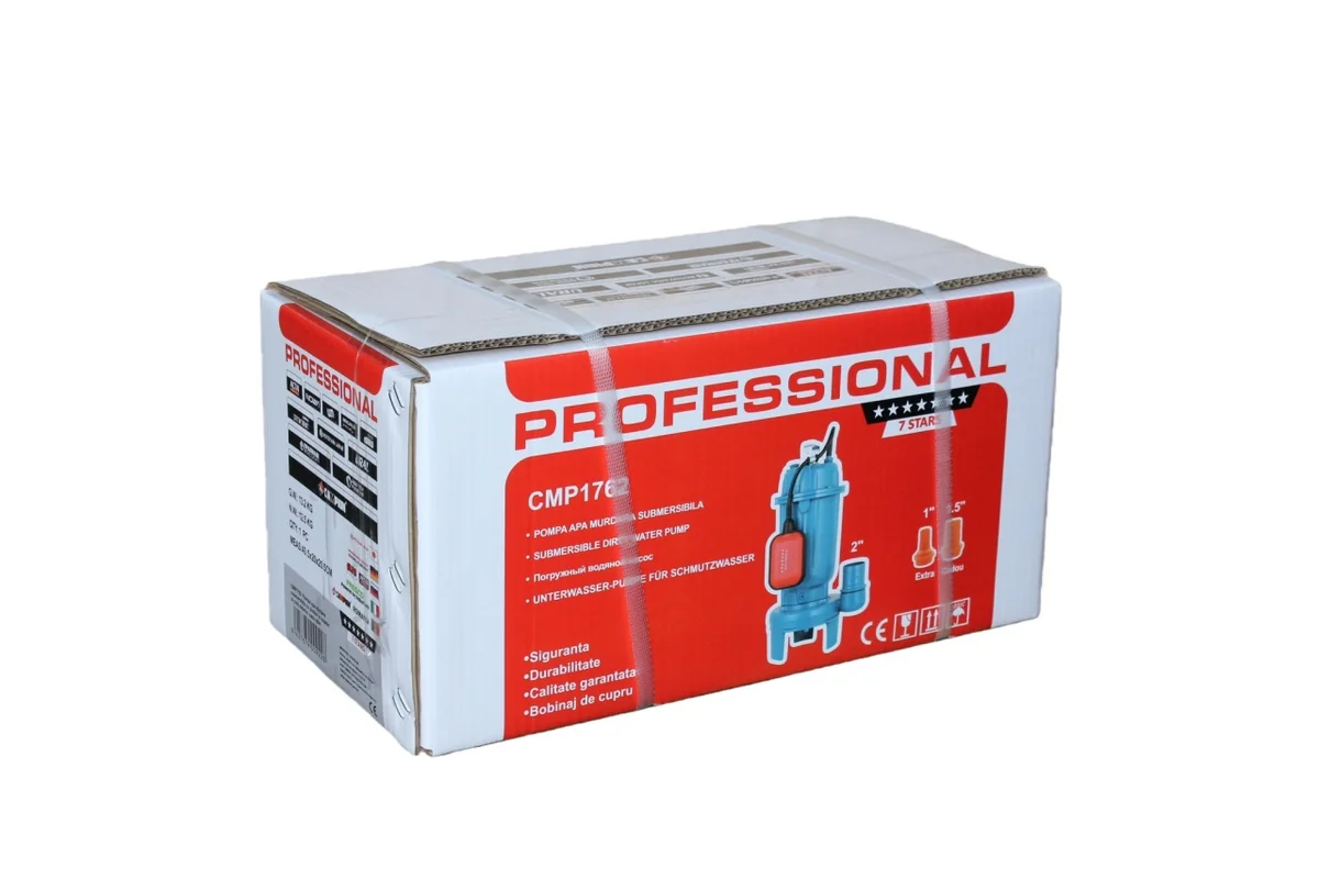 Pompa Submersibilă Apă Murdară CMP1762 Profesională Cu Plutitor, Tocător Și Cuțit Exterior, Racord 2" / 1.5" / 1", Pentru Ape Uzate Și Reziduuri, Bobinaj Cupru, Sistem Măcerator Integrat