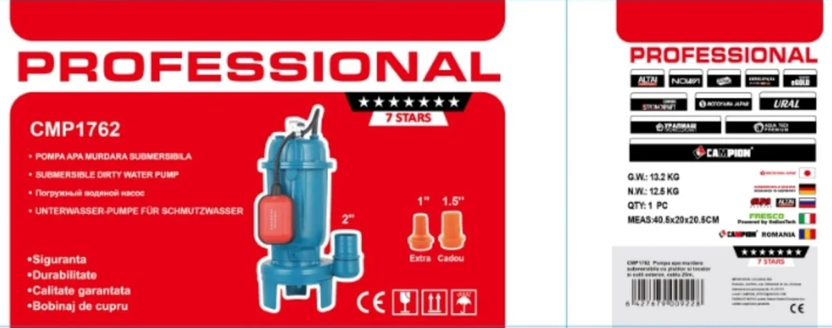 Pompa Submersibilă Apă Murdară CMP1762 Profesională Cu Plutitor, Tocător Și Cuțit Exterior, Racord 2" / 1.5" / 1", Pentru Ape Uzate Și Reziduuri, Bobinaj Cupru, Sistem Măcerator Integrat