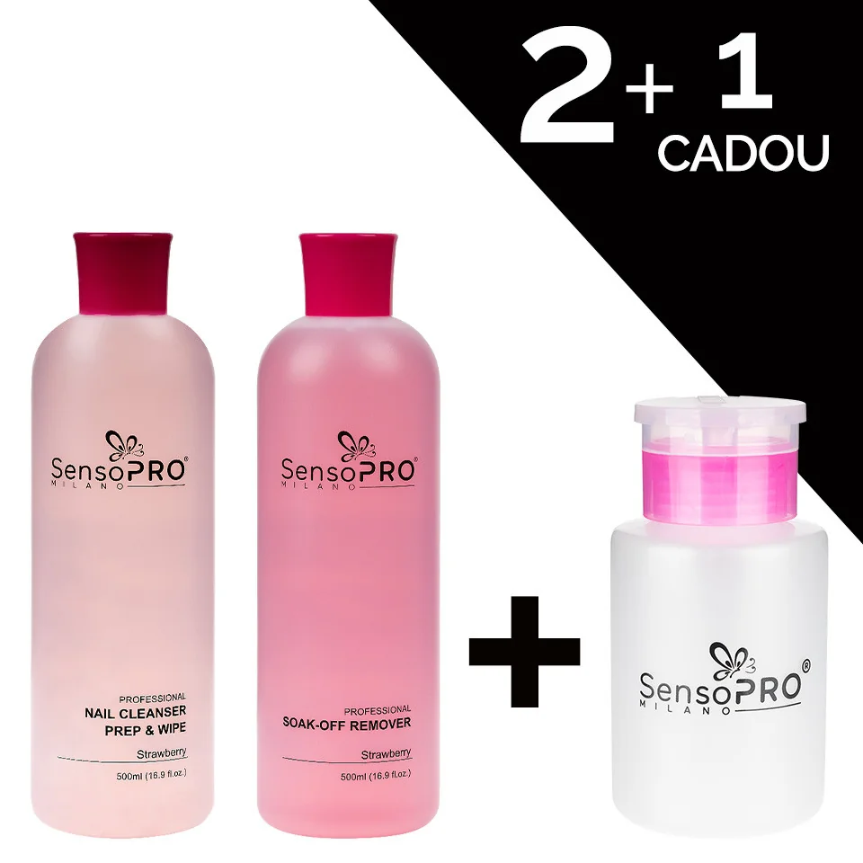 Set Soak-Off Remover &amp; Cleanser Strawberry 1000ml + Cadou Dozator SensoPRO Milano