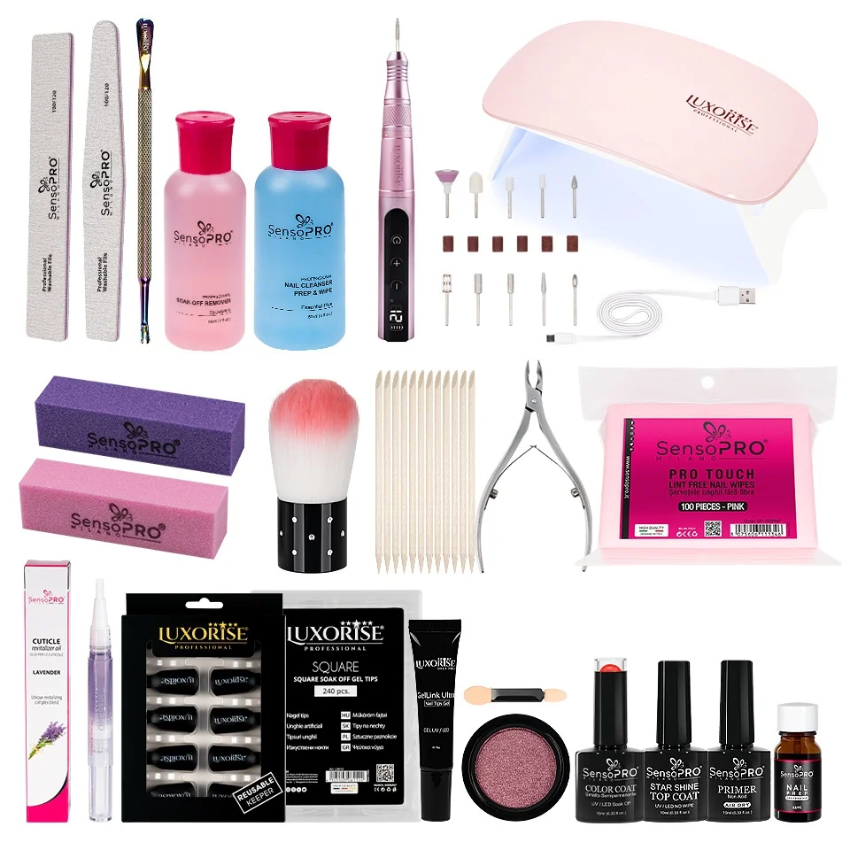 Kit Unghii False cu Tipsuri Soak Off Expert Nails + Freza & Lampa UV LED