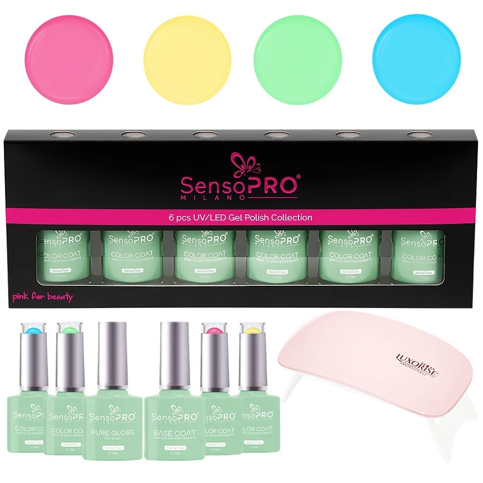 Set 4 Oje Semipermanente, Top &amp; Base Coat Hema Free SensoPRO Milano + Lampa UV, Spring Pastel