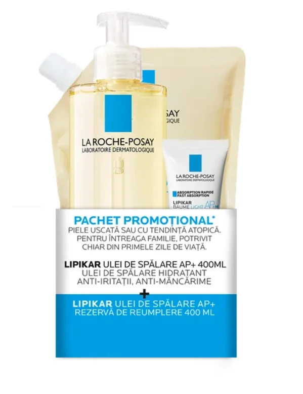 La Roche Posay Pachet Lipikar AP+ Ulei de spalare 400 ml + Rezerva 400 ml + Balsam Lipikar Baume Light AP+M 15 ml