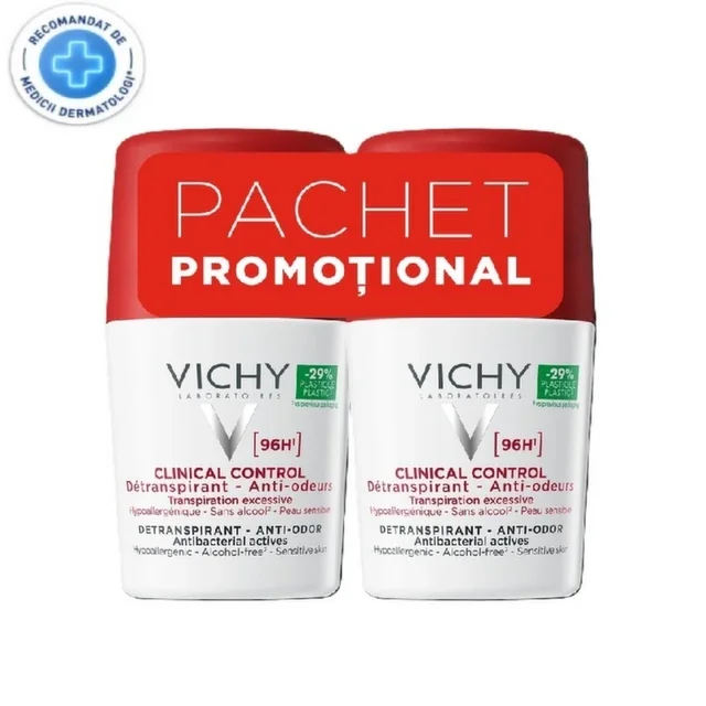 Vichy Clinical Control Roll-On anti-transpirant 96H fara alcool 50 ml 2 flacoane bipack, L'Oréal