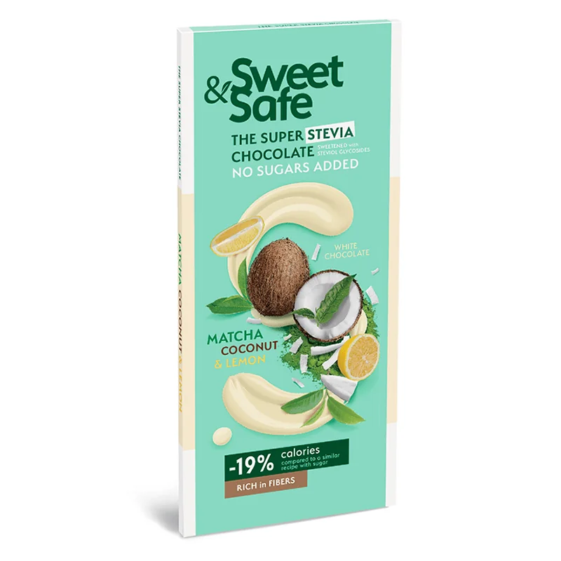 Ciocolata alba cu matcha, cocos si lamaie cu indulcitor din stevie 90 g