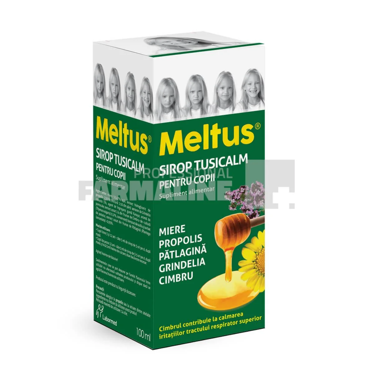 Meltus Tusicalm pentru copii, 100 ml, supliment alimentar, Labormed, sirop cu miere, iederă, zinc, acetilcisteină