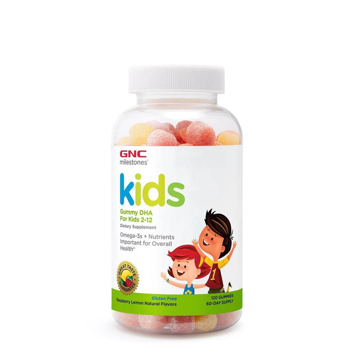 GNC Milestones Kids Gummy DHA 2 - 12 ani aroma naturala de zmeura si lamaie 120 jeleuri